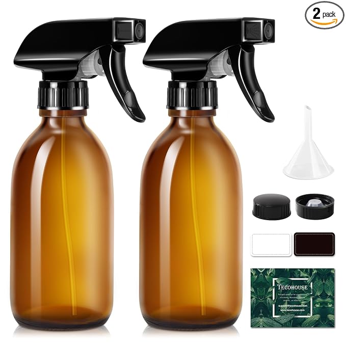 Tecohouse Glass Spray Bottles 8oz, Amber Hair Spray Bottles, 2 Pack Empty Refillable Sprayer Container with Labels, Funnel, Lids, Graduated Pipettes - Handheld Size