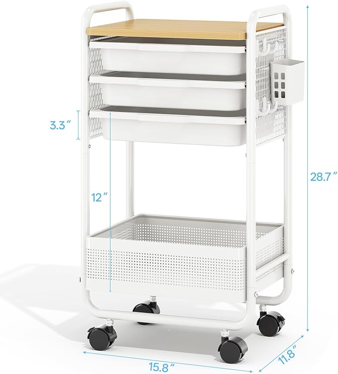 Metal Rolling Storage Cart with 3 Drawers - Utility Cart on Wheels with Pegboard & Wood Tabletop, Multifunctional Trolley Organizer with Hooks & Bin for Living Room,Bedroom,Craft Room,Office,Kids Room