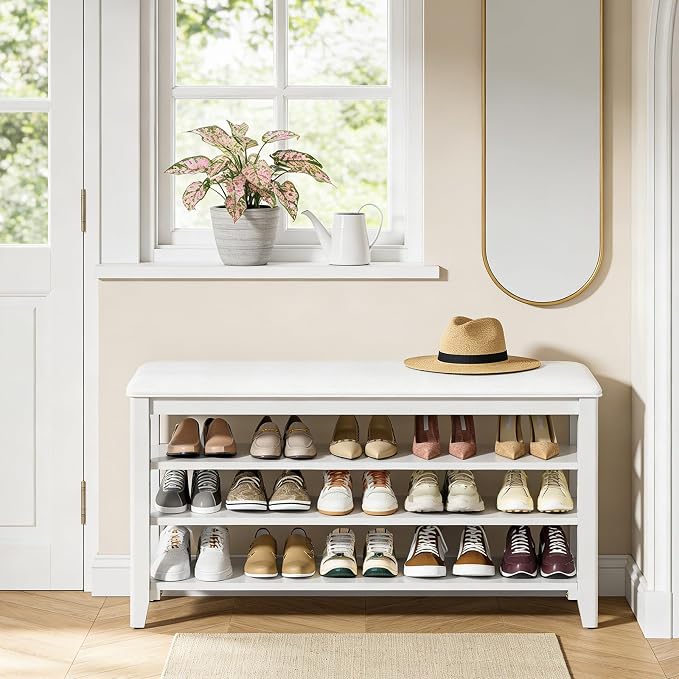 Taitiy Shoe Rack Bench Entryway Storage, Shoe Organizer Bench for Entryway, Ideal for Front Doors Entrances Hallway Mudroom Featuring Rubberwood and 3 Height-Adjustable Removable Shelve