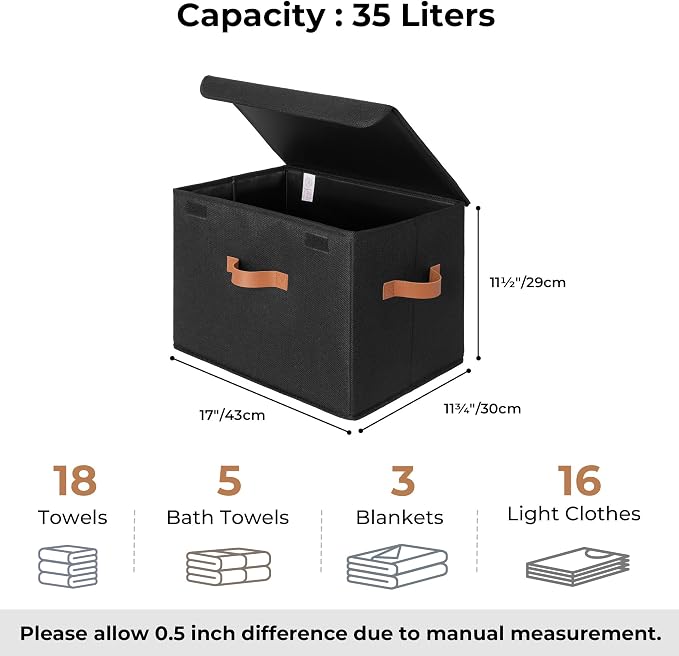 GRANNY SAYS Black Storage Bins with Lids, Decorative Storage Boxes with PU Handles, Linen Closet Organizer, Storage Baskets for Shelves, Fabric Storage Bins for Clothes, Extra Large