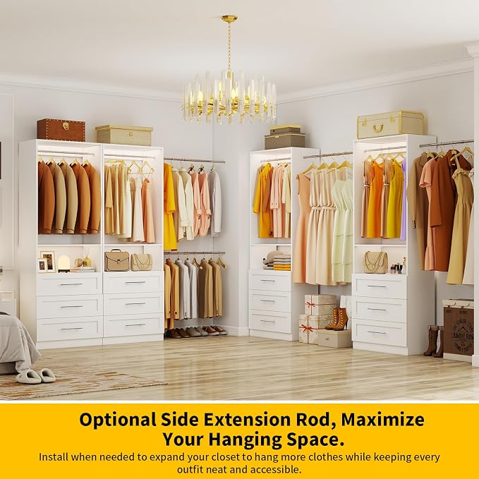 Closet System Set of 4, 8FT-21FT Walk in Closet System with 12 Drawers & 8 Adjustable Hanging Rods, Custom Closet Organizer Systems with 4 Shelves, Modular Closet Storage System Organizer Kit, White