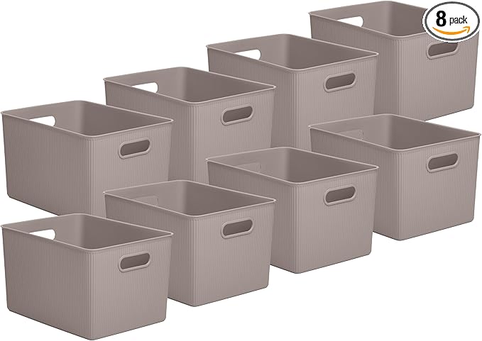 Superio Decorative Plastic Basket Open Home Storage Bins Organizer Baskets, X-Large Taupe (8 Pack) Container Boxes for Organizing Closet Storage Bins for Shelves Drawer Shelf 22 Liter/23 Quart