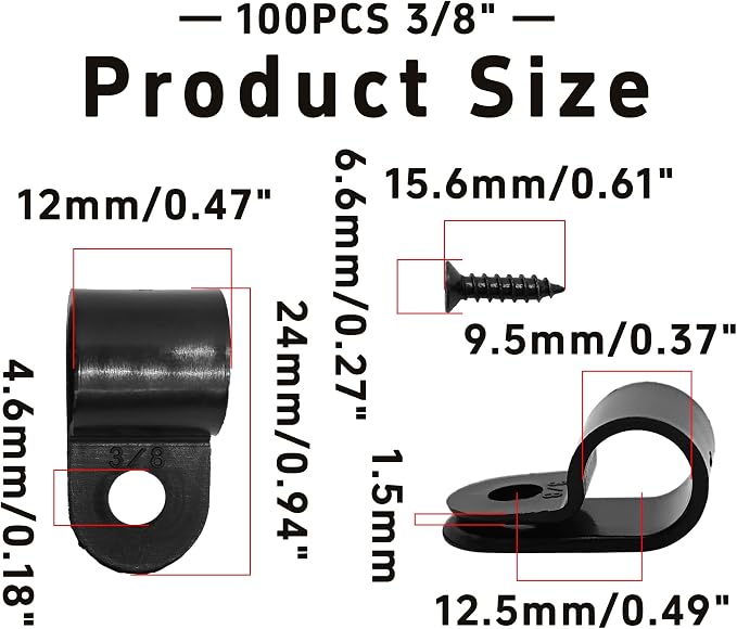 100Pcs R-Type Cable Clips 3/8" Black Nylon Plastic Wire Clamps with Mounting Screws, Cord Fastener Cable Management Organizer for Home Office Electrical Installation