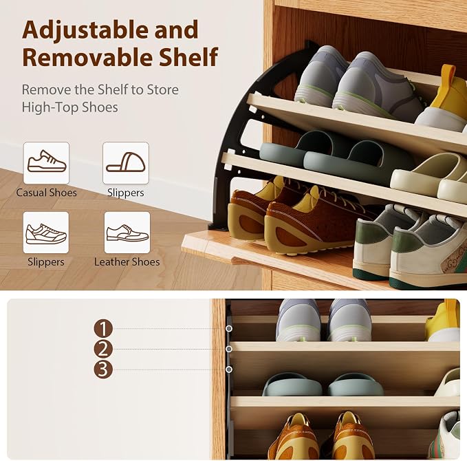 WoodsWhisper Solid Wood Shoe Cabinet for Entryway with 3 Flip Drawers, Narrow Shoe Organizer with Breathable Slatted Doors, Freestanding Hidden Shoe Rack for Hallway(Natural, 39" W)