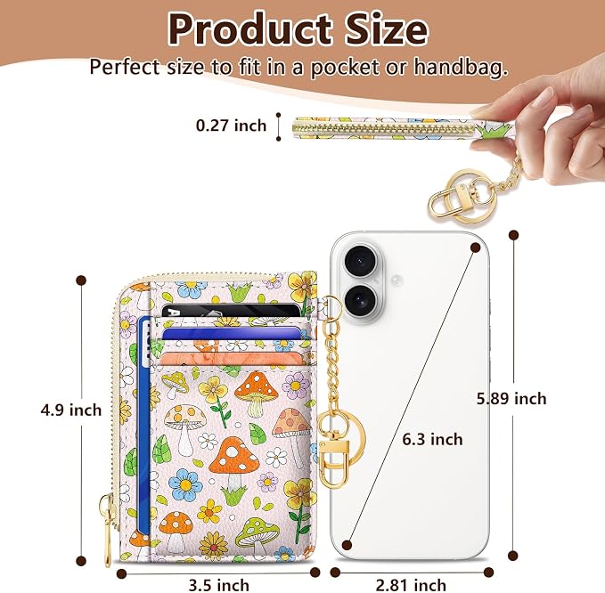 GIANCOMICS Slim Wallet Credit Card Holder Women, Cute Mushroom Rfid Blocking Small Card Case, Keychain Thin Pocket Curved Zipper Wallet, Travel Card Holder PU Leather ID Window, Ladies Female Gifts