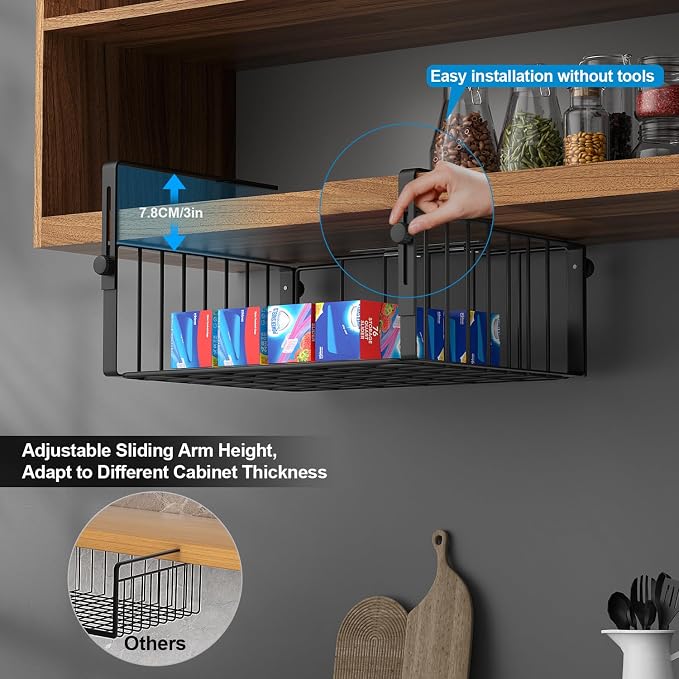 AmonHouseware 2Pack Under Shelf Storage Basket Organizer, Black | Adjustable Hanging,Under Cabinet Add-on, Slide-in Baskets, for Laundry Room Kitchen Pantry Desk Bookshelf Counter Cupboard