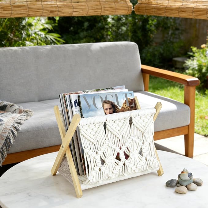Boho Macrame Magazine Holder,Hand-Woven Magazine Rack for Home Office | Multifunctional Storage Basket for Letters, Magazines, Books and Newspapers