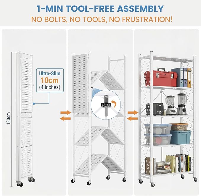 ALANNG 70.7" H Metal Storage Shelves, 5 Tier Folding Shelf on Wheels | Heavy Duty, No Assembly, Rolling, Collapsible Rack Unit for Kitchen, Basement, Pantry (White,1 Pack)