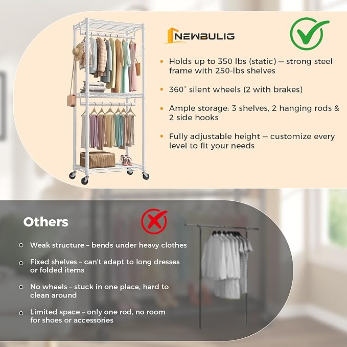 NEWBULIG Heavy Duty Clothing Rack with Wheels, 3-Tier Adjustable Wire Garment Rack, Metal Freestanding Closet Organizer System with Double Hanging Rods & 8 Side Hooks, 29" x 15" x 75", White