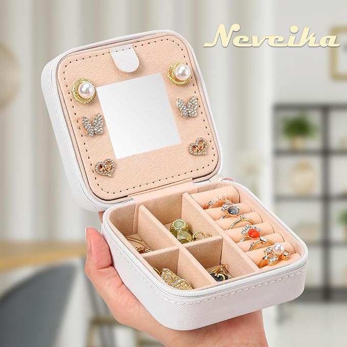 Neveika Jewelry Box with Mirror,Small Jewelry Organizer Box，Travel Jewelry Case for Women，Gift Jewelry Boxes for Female Girls (4pcs mirror white)