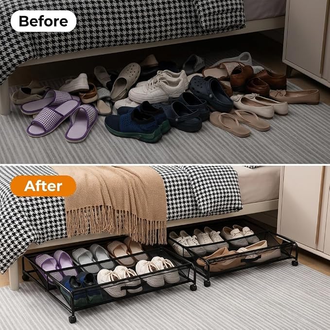 Goaste Under Bed Shoe Storage Organizer with Wheels, Rolling Underbed Storage Containers, Metal Shoe Rack Drawer Space Saving for Bedroom Organization, Shoes, Toys (Black)