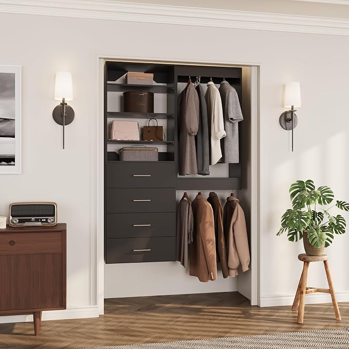 ROOMTEC Modular Closet System, 58" Wall-Mounted Closet Organizer with Drawers and Hanging Rods, Wooden Tower for Walk-In Closets, Wardrobe Storage Kit, Black