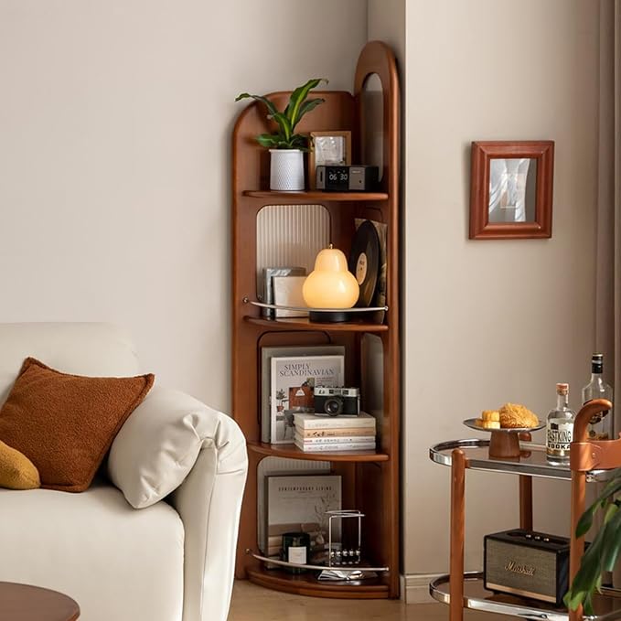 4-Tier 100% Solid Wood Corner Bookshelf, 64” Tall Mid Century Modern Corner Shelf Display, Open Storage Bookcase for Home Offie, Living Room (Poplar Wood)