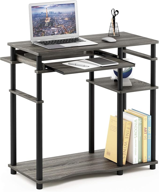 Furinno Abbott Computer Desk with Bookshelf, French Oak Grey/Black