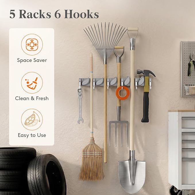 Lifewit Broom and Mop Holder Wall Mount, Non-Slip Cleaning Tool Hanger Organizer with 6 Hooks 5 Slots, Heavy Duty Hanging Broom Utility Rack for Kitchen, Garden, Garage, Laundry, 1 Pack, Gray