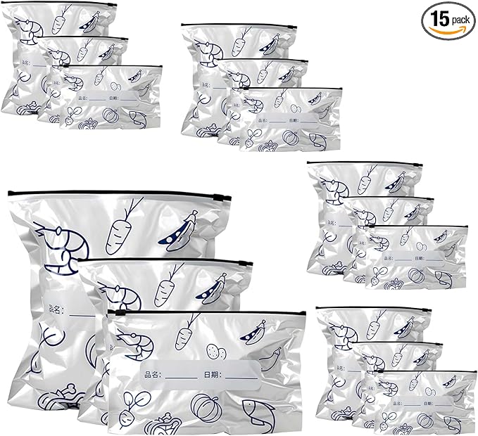 Reusable Aluminum Foil Sealable Storage Bags - Freezer Bags, Resealable Stand Up Pouches for Fresh Keeping, with Label, Zip Lock, Suitable for Vegetable, Fruit, Meat, and More,3 Size (15)
