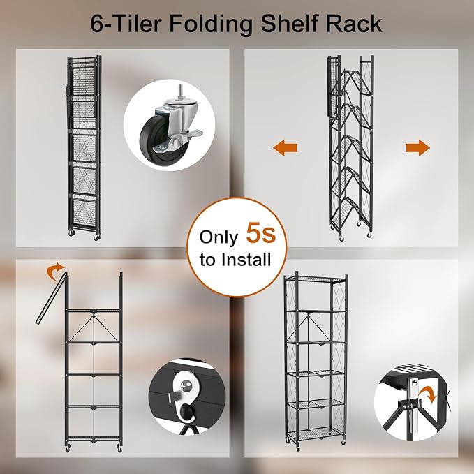 6 Tier Foldable Storage Shelves with Wheels -No Assembly Metal Folding Shelves Collapsible Shelving Unit Display Heavy Duty Rolling Shelf for Home Kitchen Office Room (Black, 73" x 14" x 23")