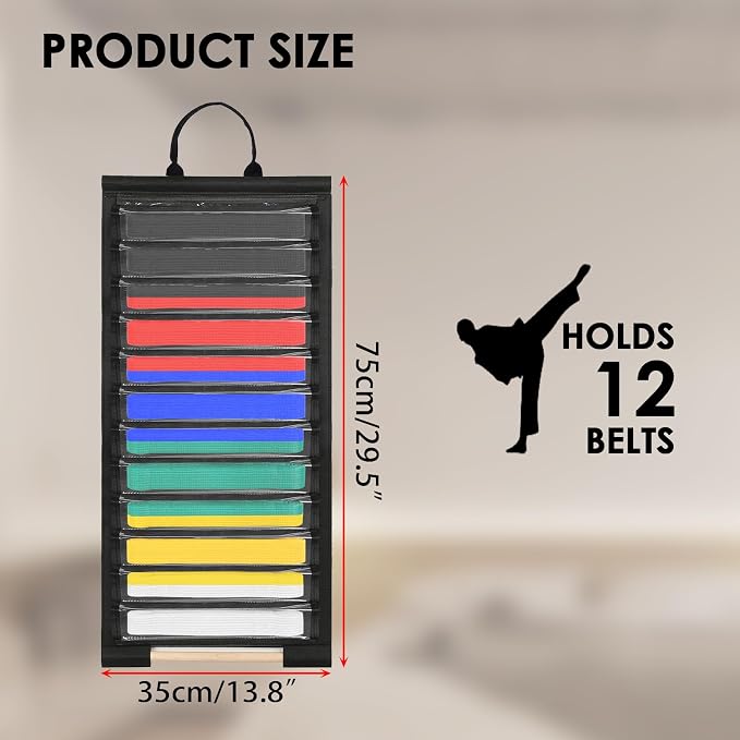 Wall Hanging Belts Display Rack for 12 Belts, Dust-Free Martial Arts Organizer with Bamboo Medal Hanging Bar, Lightweight Jiu Jitsu Belt Hanging Holder for BJJ, Martial Arts Learners
