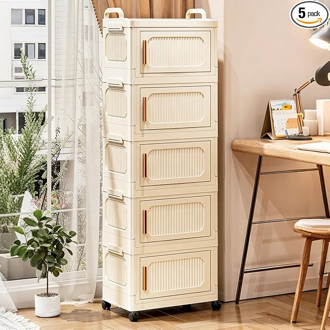 5-Tier Foldable Storage Cabinet with Wheels & Magnetic Doors, Heavy-Duty 23 QT Stackable Storage Bin Organizer, Rolling Cart for Kitchen, Pantry, Dorm