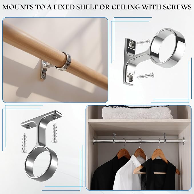 LEIFIDE 2 Pcs 1 5/16 Inch Diameter Round Wardrobe Closet Rod Suspended Center Support with Installation Screws Curtain Closet Rod Ceiling Mount Bracket for Home Wardrobe (Polished Chrome)