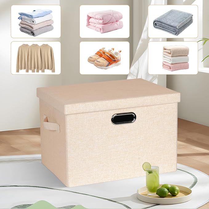 Graciadeco Large 17" 36 Quart Collapsible Stackable Storage Bins with Lids, 3 Packs Light Orange Linen Fabric Closet Boxes with Lids, Storage Cube Baskets Container Organizers for Office (17x12x11)
