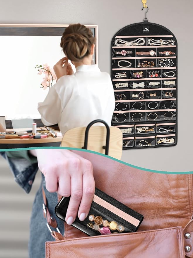 MATEIN Hanging Jewelry Organizer with Removable Zipper Jewelry Pouches | Tangle-Free Necklace Hanger, Metal Hook for Closet, Dual-Sided Design, Earring Storage, Bracelet Ring Holder, Over the Door