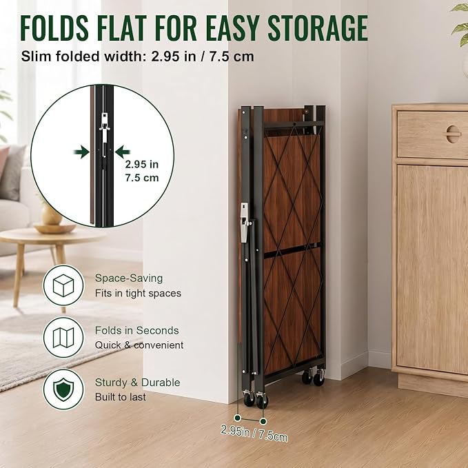 black leopard 3-Tier Foldable Shelf with Wheels, Wood-Grain Steel Shelves | Pre-assembled frame unfolds in seconds with tool-free wheel setup for fast, convenient use.
