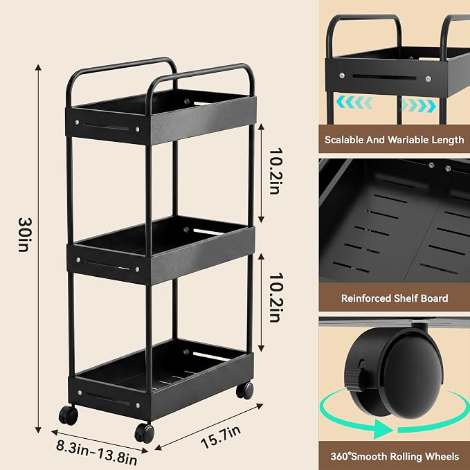 3 Tier Expandable Rolling Storage Cart, Rolling Utility Cart with Wheels | expandable adjustable width, sturdy metal frame, silent 360° wheels, storage for bathroom, kitchen, laundry & living room