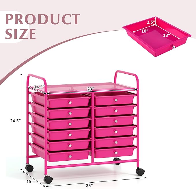 LDAILY 12 Drawer Rolling Storage Cart, Craft Cart Organizer on Wheels w/Metal Frame, Large Capacity & Smooth Drawer, Rolling Cart w/Drawers for Classroom, Office