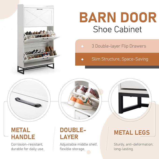 VINGLI Tall Farmhouse Shoe Cabinet with 3 Flip Drawers, Slim Entryway Shoe Storage Organizer with Metal Legs, Narrow Free Standing Wood Shoe Rack for 24 Pairs, Washed White (55" H)