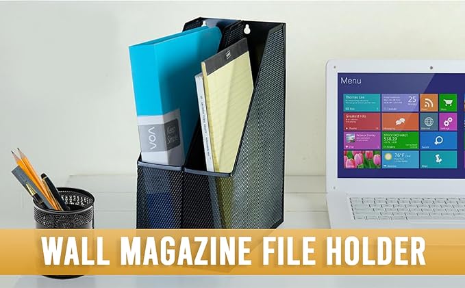 YBM HOME Steel Mesh Wall Magazine File Holder for Home & Office Organization, Serves as a Magazine Rack, Desk Organizer, Letter and Mail Bin, Holds Up to 20 Magazines - Silver
