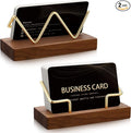 Amyhill 2 Pieces Wood Business Card Holder for Desk Wooden Business Card Display Stand Postcard Holder for Office Home Desktop (Wood Color, Gold)