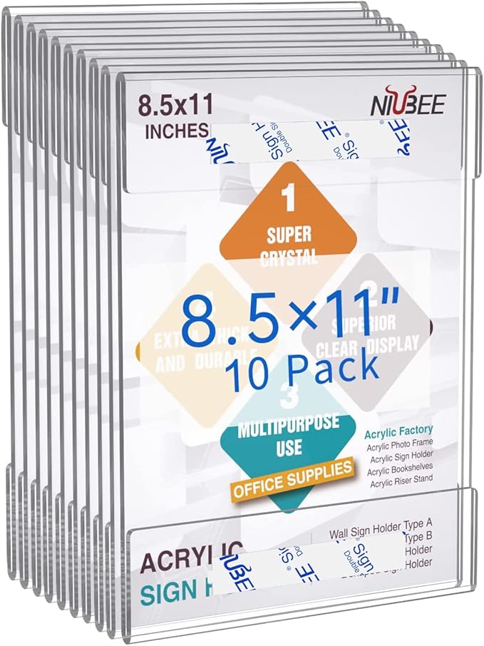 Niubee 8.5x11 inch Wall Mount Acrylic Sign Holder with Double Sided Adhesive Tape For Office, Home, Store, Restaurant-No Drilling (10 Pack)