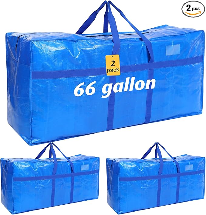 2 Pcs 66 Gallon Extra Large Moving Bags Storage Bags with Zipper and Handles Heavy Duty Duffle Bag Foldable Tote Bag for College Dorm Travel Clothes Blankets Bedding Moving (Blue)