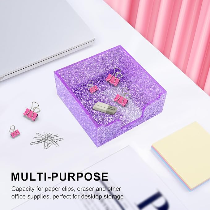 Rouidr Acrylic Sticky Note Holder, Self Stick Note Pad Holder, Purple | 3.94 x 3.94 Inch Glitter Memo Pad Dispenser Organizer for School Office Home Desk Supplies