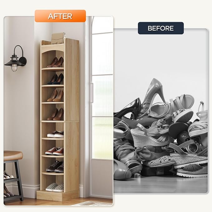 YATINEY 9-Tier Tall Shoe Rack, Wooden Shoe Storage Organizer, Narrow Shoe Cabinet with Removable Shelves for Small Spaces, Holds 9 Pairs of Shoes, for Entrance, Hallway, Natural SS02NL