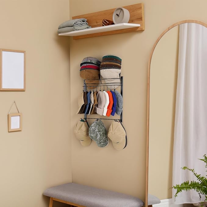 Hat Rack, Metal 3-Tier Wall Organizer Holds Up to 45 Caps with 10 Clips | 3-tier wall rack stores 45 baseball caps. 10 removable clips organize hats, scarves, sunglasses and small accessories