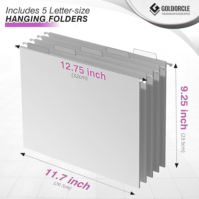 Hanging File Organizer, Letter-Size File Holder Filing Box with 5 Hanging Folders, Metal Mesh Desk File Folder Storage(No Assembly Required) (Purple, with 5 Grey Folders)