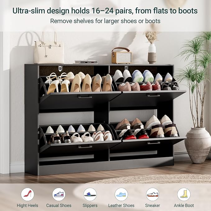 Shoe Cabinet with 4 Flip Drawers, Narrow Freestanding Shoe Organizer, Hidden Slim Freestanding Shoe Storage Cabinet for Entryway,Hallway, Living Room, Black