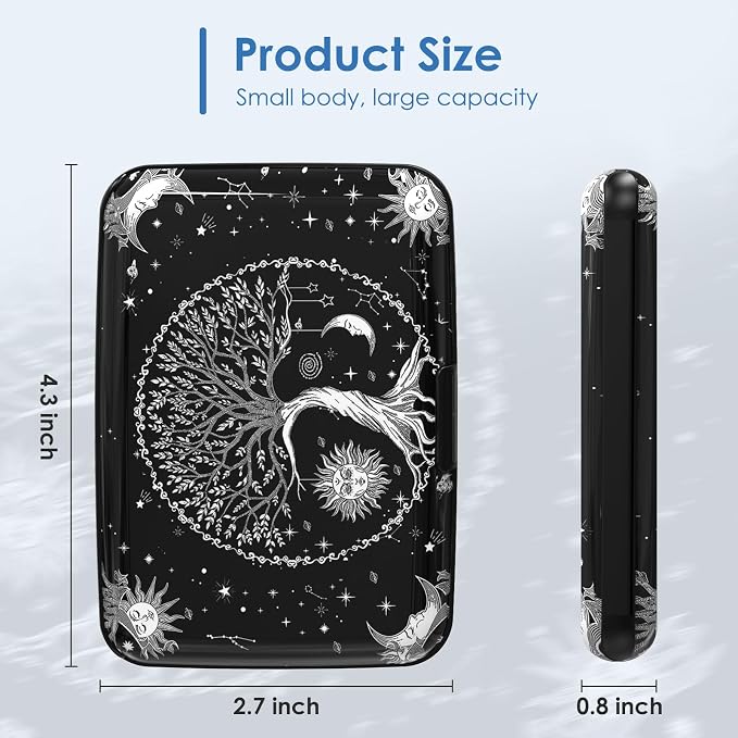 Small Credit Card Holder, RFID Blocking Slim Wallet Business Metal Aluminum Hard Case for Women Men, Cool Star Moon Tree