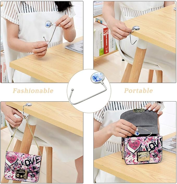 AUHOKY 6Pcs Portable Purse Hook Handbag Hanger for Table, Fashionable Long Handbag Bag Holder Under Counter, Christmas Stocking Holders Mantel Hooks for Women Girls Bags Storage(6 Vintage Patterns)