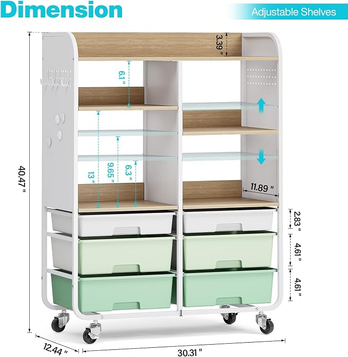 6-Drawer Rolling Storage Cabinet with Wooden Top & Pegboards，Utility Craft Cart with 2 Adjustable Shelves and Lockable Wheels,Mobile Organizer for School Dorm,Classroom,Artroom,Craftroom (Green)