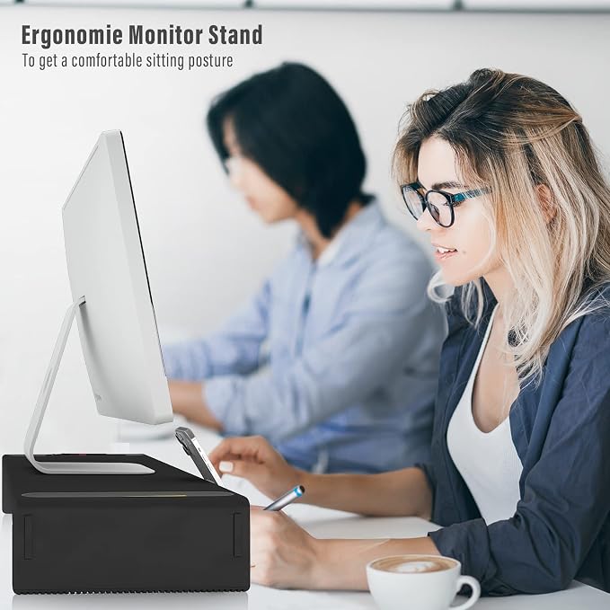 OImaster Adjustable Monitor Stand Riser with Drawer - Foldable Computer Stand for Desk, Desktop Organizer with Phone Holder & Pen Slot, Space Saving Laptop Riser for Home Office, Black