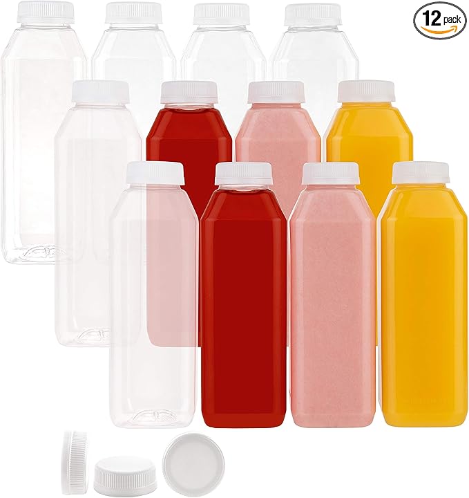 Diplastible Disposable Plastic Juice Bottles-16 Oz with Lids | 12 Pack | for Water, Orange Apple Lemon Juicing, Smoothies, Milk, Reusable, BPA Free, Tamper-Proof Caps, Catering, Takeout