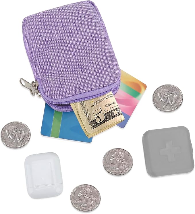 E-Tree Coin Purse with Carabiner Clip, Dual Layer Card Case Holder, Mini Pouch for AirPod Earphone Keychain USB Cable,Wallet, Small Accessories Organizer Bag for Women and Men (Purple)
