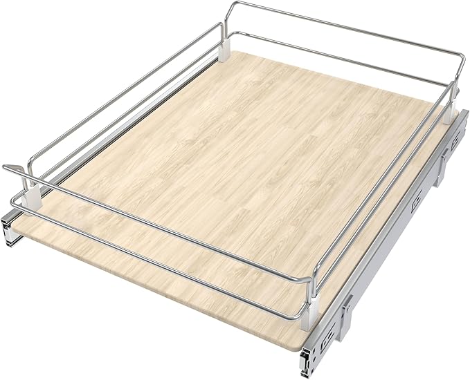 Pull Out Cabinet Organizer 17.45" W X 22" D, Wood & Chromed | Full Slide Out Drawers For Kitchen Cabinets, Cabinets Capacity Heavy Duty Caddy, Cabinet Pullout Shelves , Pantry Storage