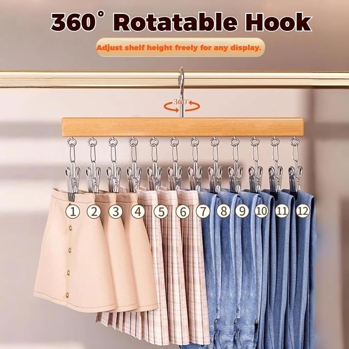 Wooden Closet Organizer Hanger with 12 Clips, Space Saving Hanging Organizer for Hats Scarves Jeans Skirts Socks Pants, 15 Inch, 360° Swivel Hook (2, Brown)