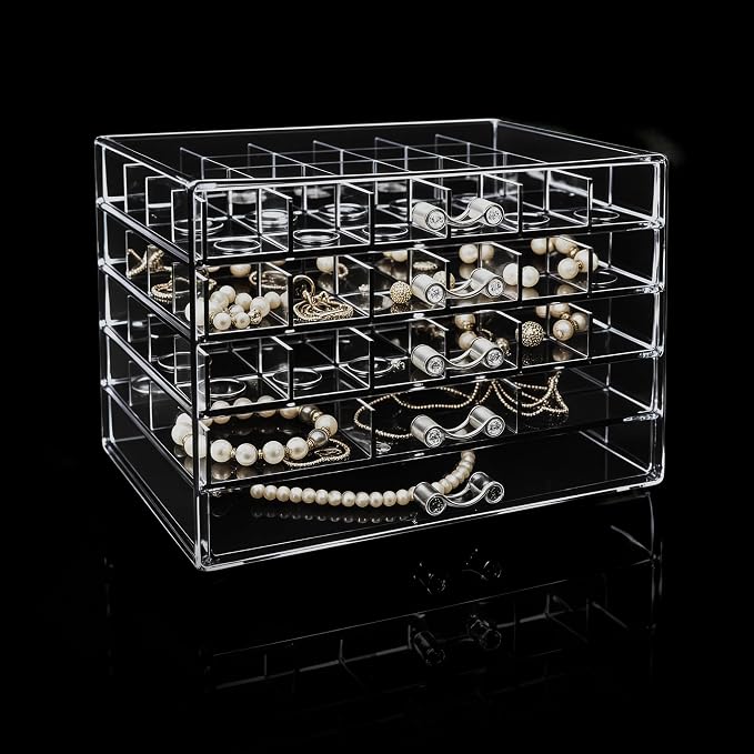 Clear Jewelry Box, Jewelry Organizer with 5 Drawers, 5-Layer Acrylic Storage Box for Women, Earring Display Holder for Earrings Ring Bracelet Necklace 79 Grid Compartment Earring Organizer