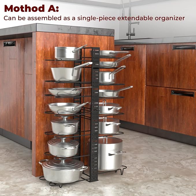 Vdomus Expandable Rack for Cabinets | Adjustable Black Pot Rack | 4 DIY Storage Positions | Holds up to 14 Pans, Pots, or Lids | Durable Iron Pot Stacker | Kitchen Organization | 8.5X 31x11.5
