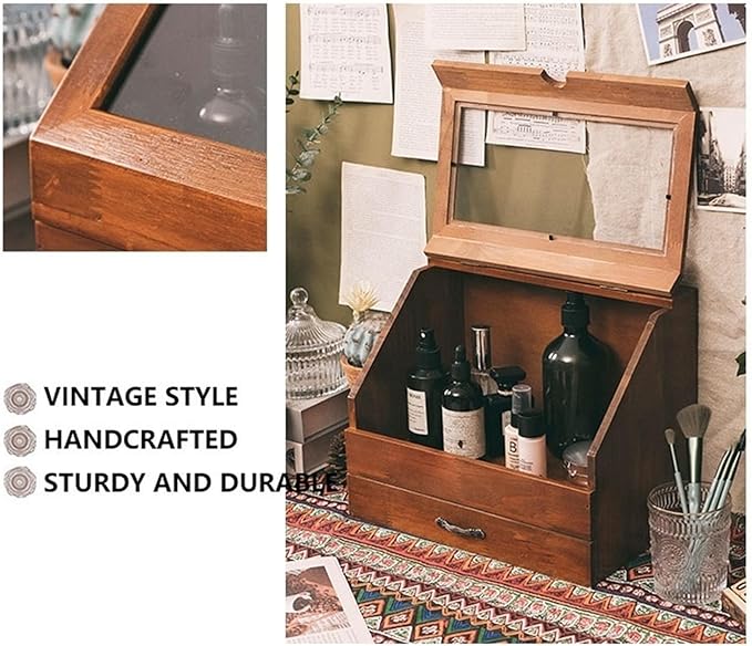 Solid Wood Desktop Storage Box Bedroom Dresser Skin Care Product Wooden Storage Drawer Retro Style Perfume Dustproof Cabinet